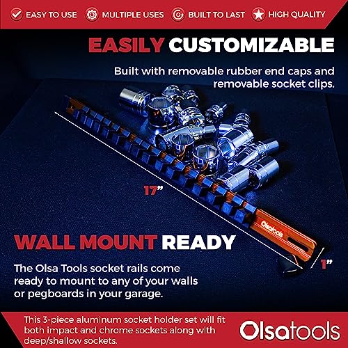 Olsa Tools Aluminum Socket Organizer, 3pc Set - Orange Socket Holder Kit 1/2-Inch, 3/8-Inch, and 1/4-Inch Drive - Holds 58 Chrome or Impact Sockets - Professional Grade Socket Rails - Part: 1106 - Image 3