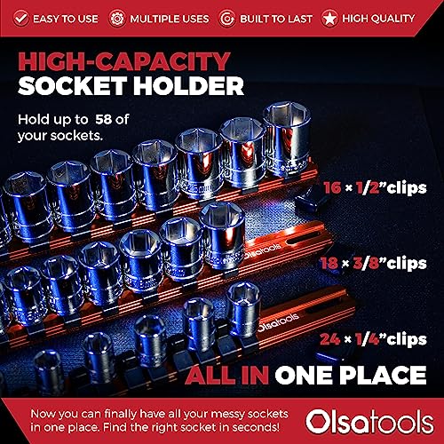 Olsa Tools Aluminum Socket Organizer, 3pc Set - Orange Socket Holder Kit 1/2-Inch, 3/8-Inch, and 1/4-Inch Drive - Holds 58 Chrome or Impact Sockets - Professional Grade Socket Rails - Part: 1106 - Image 2