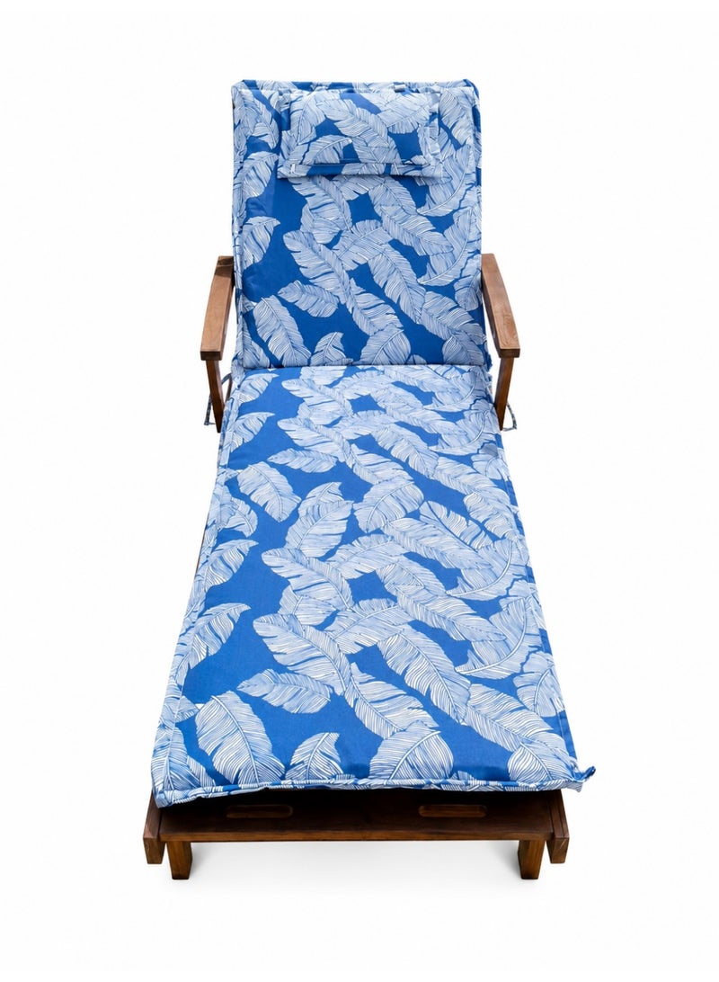 Marcolo Wooden Outdoor Chaise Lounge Chair with Cushion & Headrest | Patio Sun Lounger Recliner Sofa for Garden, Poolside & Balcony | Blue Leaf Print - Image 1