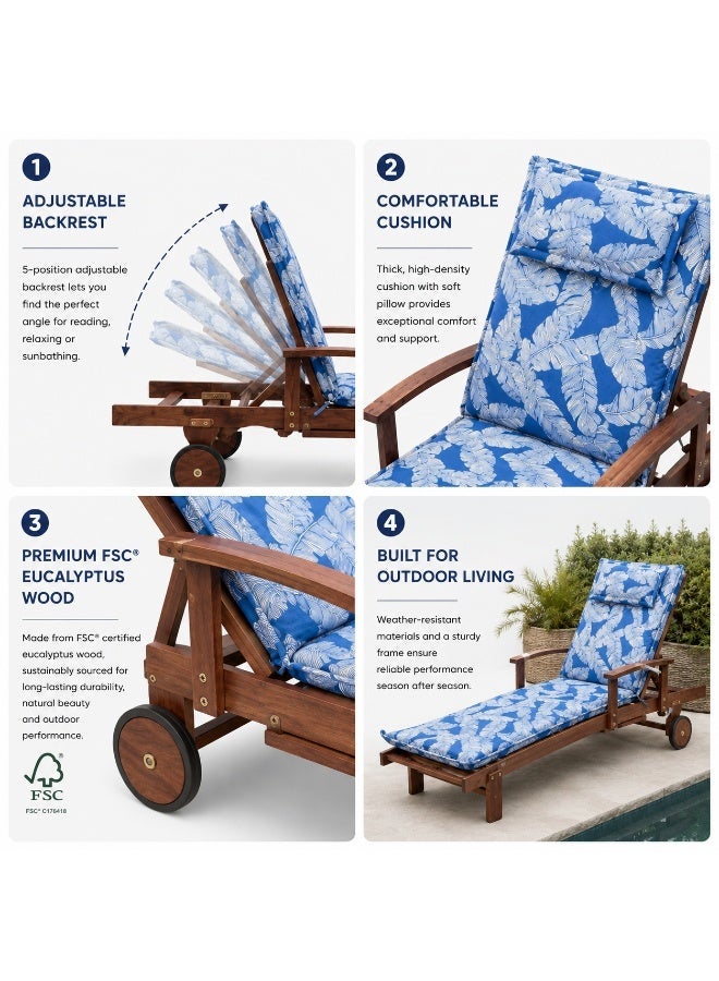 Marcolo Wooden Outdoor Chaise Lounge Chair with Cushion & Headrest | Patio Sun Lounger Recliner Sofa for Garden, Poolside & Balcony | Blue Leaf Print - Image 2