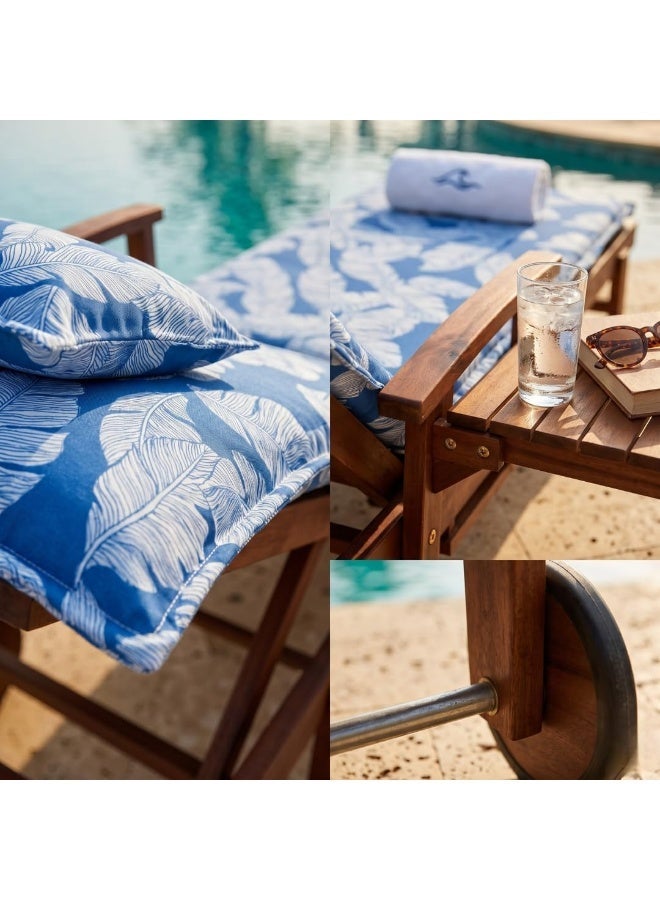 Marcolo Wooden Outdoor Chaise Lounge Chair with Cushion & Headrest | Patio Sun Lounger Recliner Sofa for Garden, Poolside & Balcony | Blue Leaf Print - Image 4