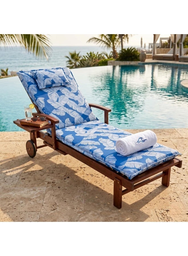 Marcolo Wooden Outdoor Chaise Lounge Chair with Cushion & Headrest | Patio Sun Lounger Recliner Sofa for Garden, Poolside & Balcony | Blue Leaf Print - Image 5