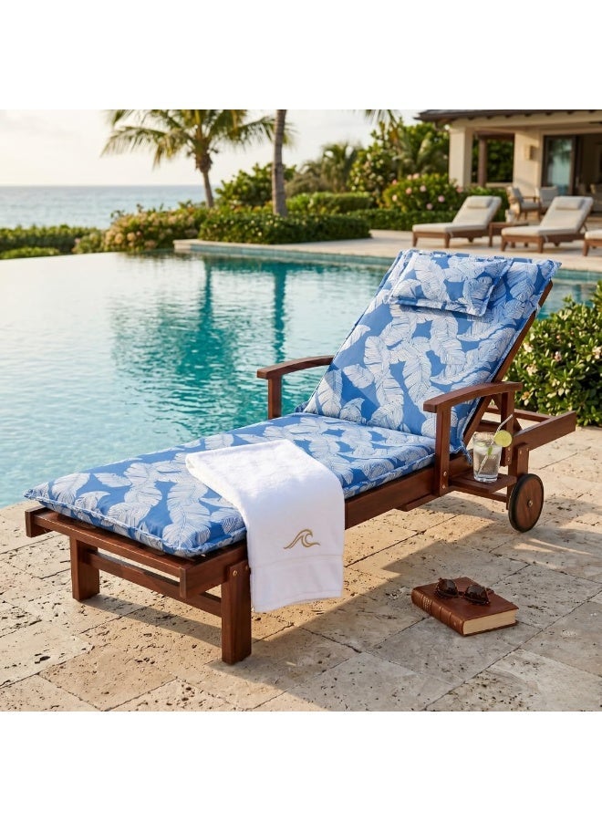 Marcolo Wooden Outdoor Chaise Lounge Chair with Cushion & Headrest | Patio Sun Lounger Recliner Sofa for Garden, Poolside & Balcony | Blue Leaf Print - Image 3