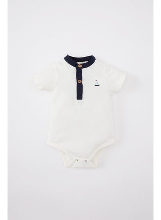 Babyboy New Born Regular Fit Button Neck Knitted Short Sleeve Snap Body