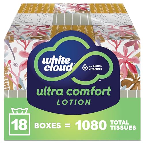 White Cloud Ultra Comfort Lotion 3-Ply Facial Tissue with Aloe & Vitamin E, 18 Box Multipack, 60 Tissues Per Box - Image 1