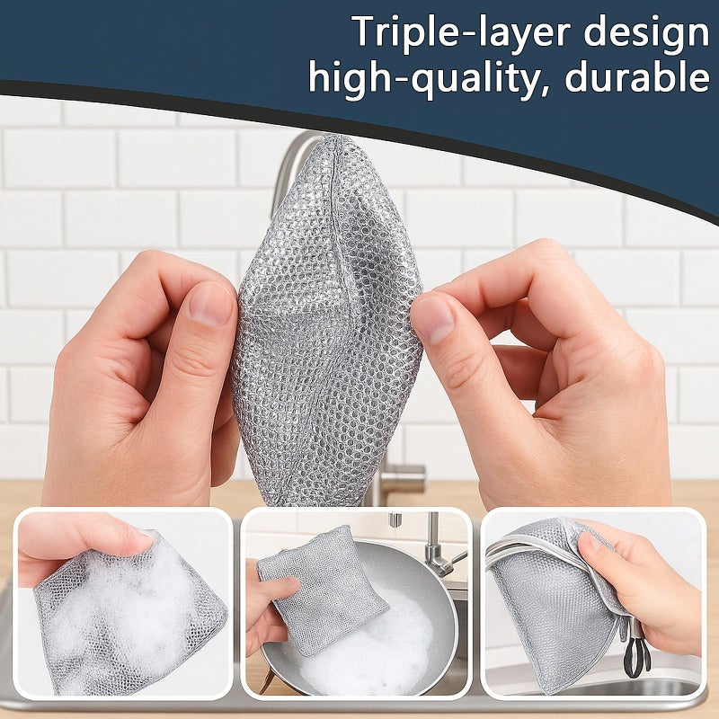 kookkit Upgraded 3-Layer Metal Dish Scrubber-10Pcs, No Scratches, Odor-Free, Multi-Purpose Stainless Steel Scouring Pad for Kitchen Cleaning â€“ Dry & Wet Use, for Dishes, Cookware, Sinks, Stove Tops (10PCS) - Image 5