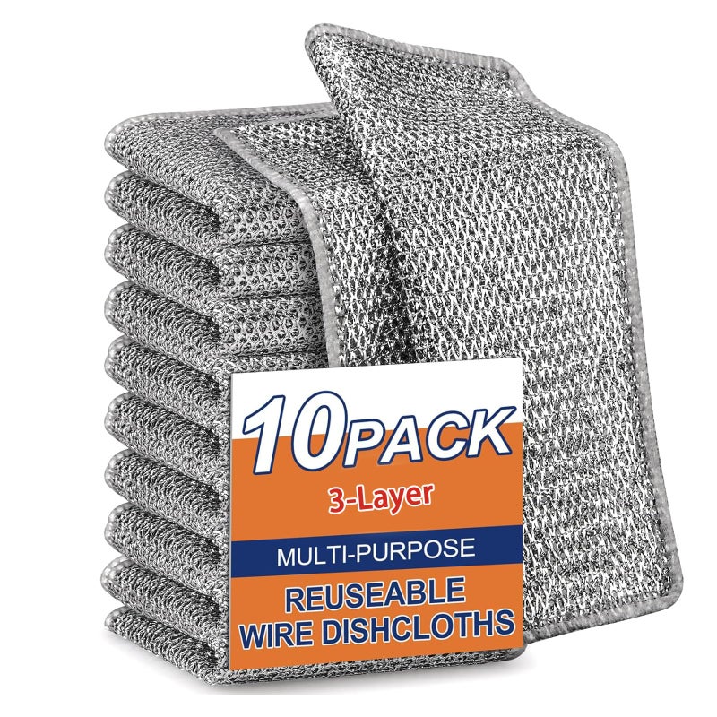 kookkit Upgraded 3-Layer Metal Dish Scrubber-10Pcs, No Scratches, Odor-Free, Multi-Purpose Stainless Steel Scouring Pad for Kitchen Cleaning â€“ Dry & Wet Use, for Dishes, Cookware, Sinks, Stove Tops (10PCS) - Image 1