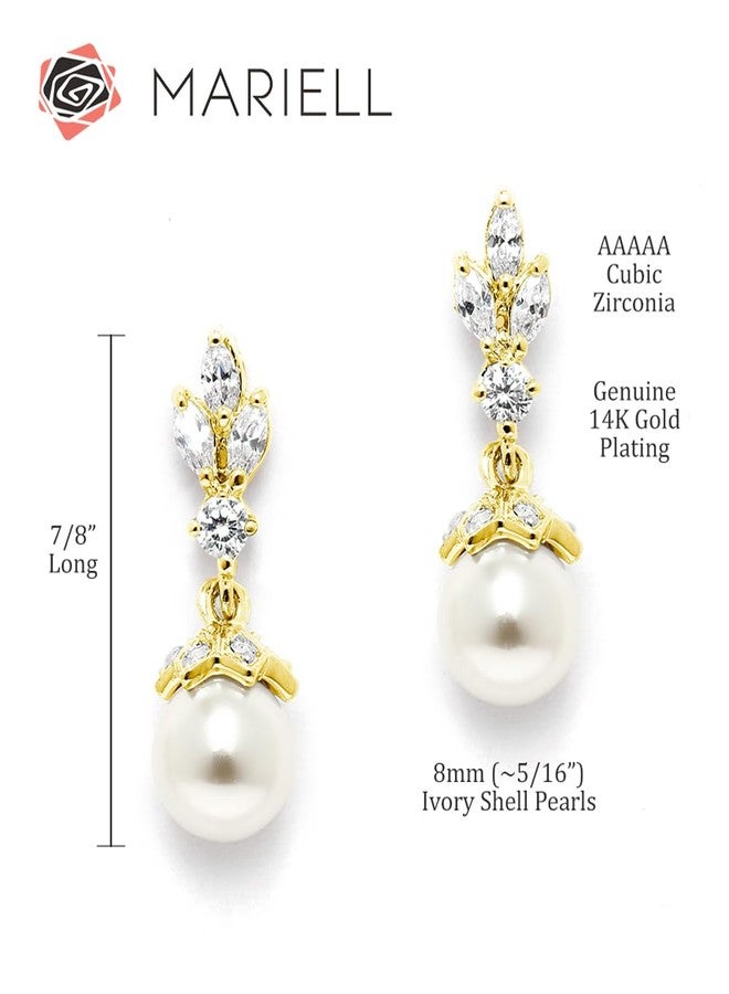 Mariell Pearl Drop Gold Wedding Earrings, 8MM Ivory Shell Pearls, Cubic Zirconia Crystal and Pearl Earrings for Brides, Bridesmaid, Prom and Mother of the Bride - Image 5