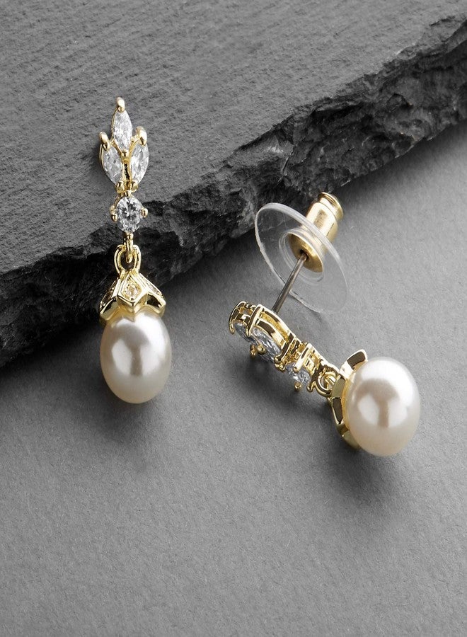 Mariell Pearl Drop Gold Wedding Earrings, 8MM Ivory Shell Pearls, Cubic Zirconia Crystal and Pearl Earrings for Brides, Bridesmaid, Prom and Mother of the Bride - Image 3