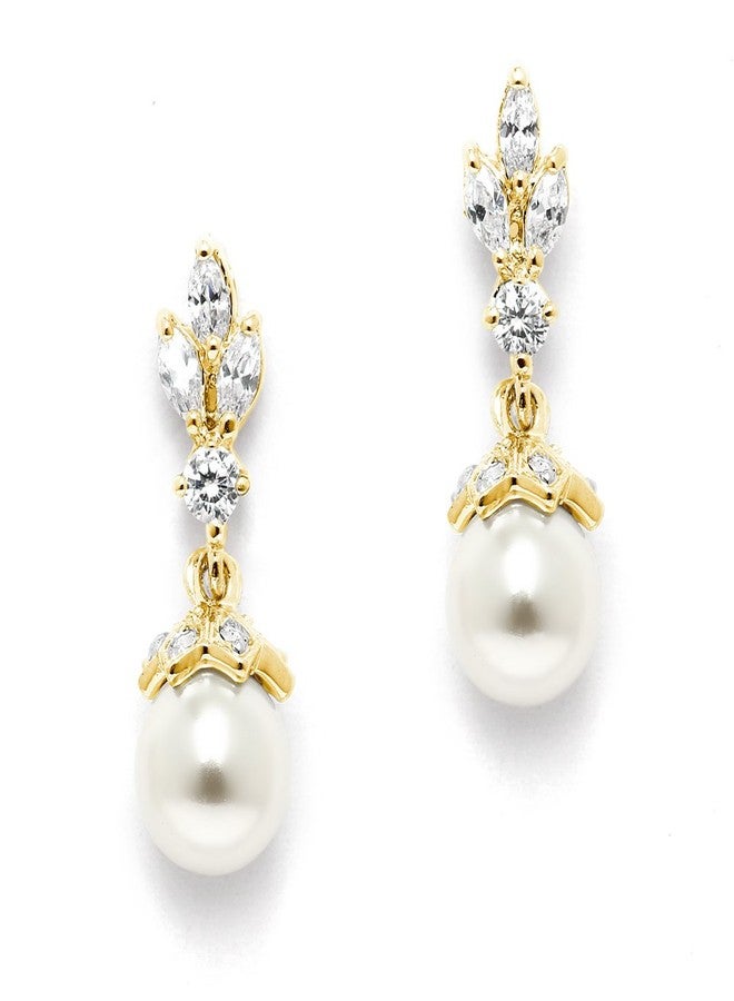 Mariell Pearl Drop Gold Wedding Earrings, 8MM Ivory Shell Pearls, Cubic Zirconia Crystal and Pearl Earrings for Brides, Bridesmaid, Prom and Mother of the Bride - Image 1