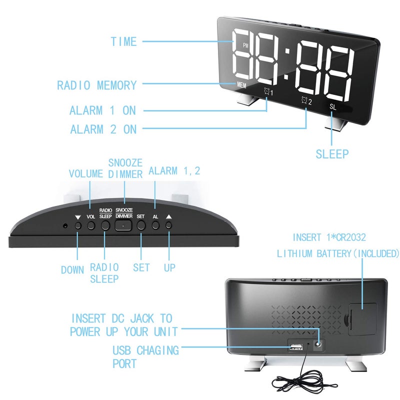ThreeH Alarm Clock Radio with USB Charging Ports Electric Clocks with Brightness Adjustable 1224 Hour Snooze Function Green - Image 2