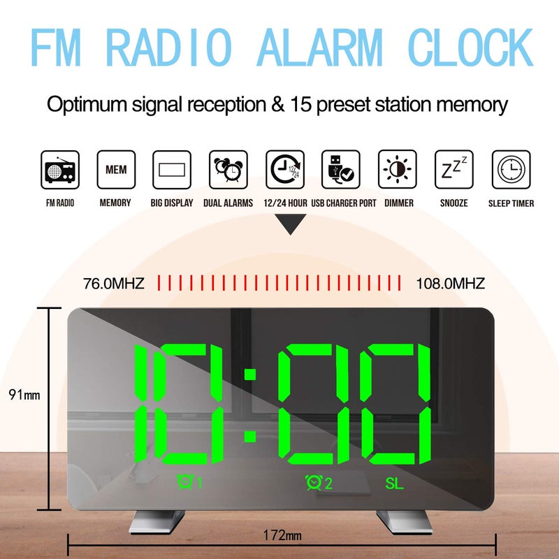 ThreeH Alarm Clock Radio with USB Charging Ports Electric Clocks with Brightness Adjustable 1224 Hour Snooze Function Green - Image 5