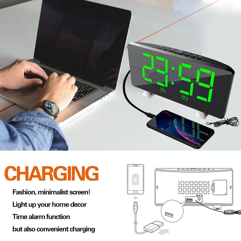 ThreeH Alarm Clock Radio with USB Charging Ports Electric Clocks with Brightness Adjustable 1224 Hour Snooze Function Green - Image 3