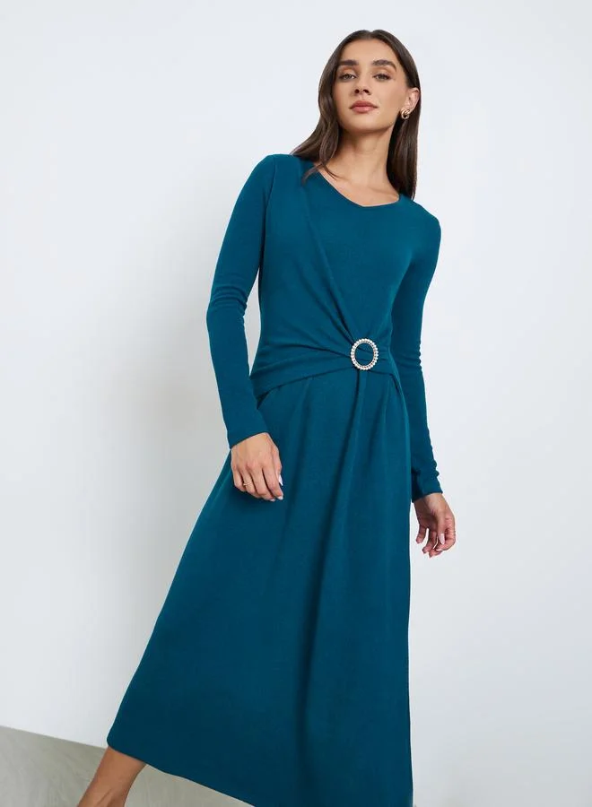 Styli Teal Embellished Buckle A-Line Midi Dress