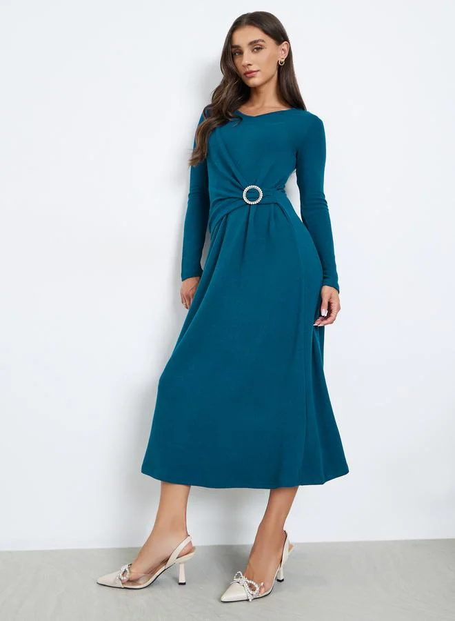 Teal Embellished Buckle A-Line Midi Dress