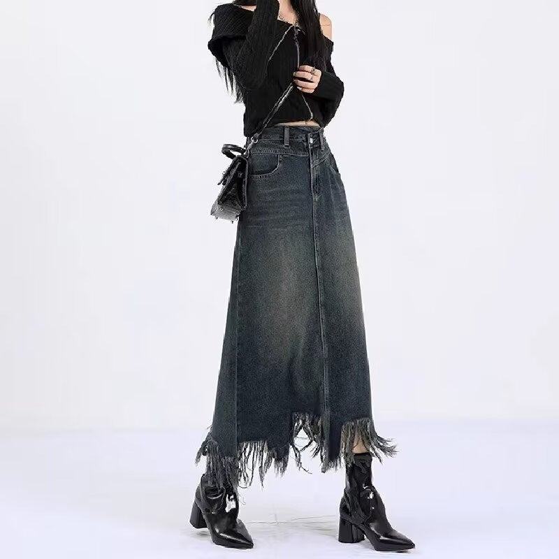 Vintage High Waist Tassel Denim Skirt Women's Spring and Autumn Fashionable Distinctive Slimming Petite Split Trim A- Line Skirt