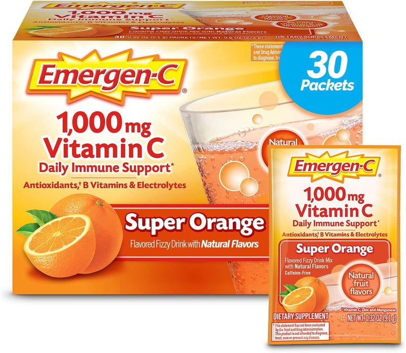 Emergen-C إيمرجن-سي (30 حبة، نكهة البرتقال السوبر، إمداد لشهر واحد) مكمل غذائي مشروب فوار مع 1000 ملغ من فيتامين سي، عبوات 0.32 أونصة، خالي من الكافيين - Image 1