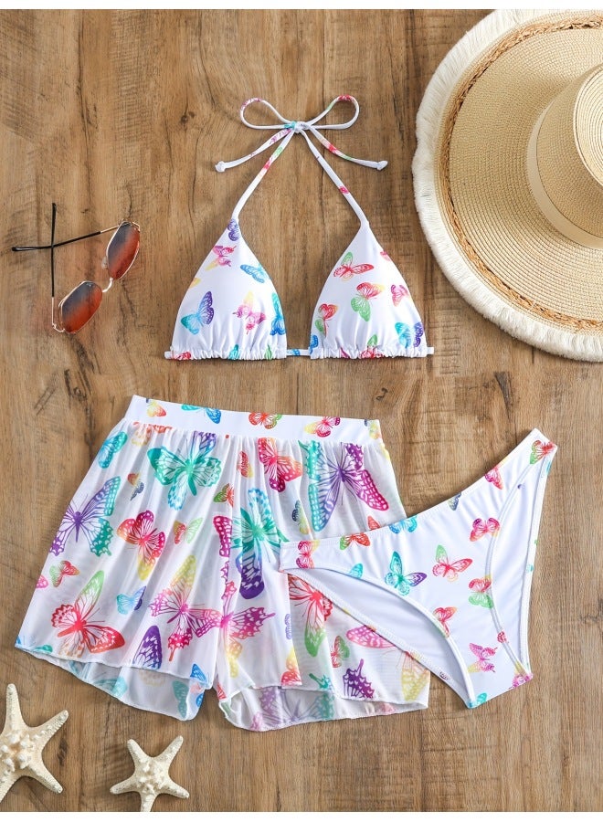 Swimwear Women's Hot European And American Bikini Three-piece Set Black And White Butterfly Printed Neck Strap Swimwear For Vacation