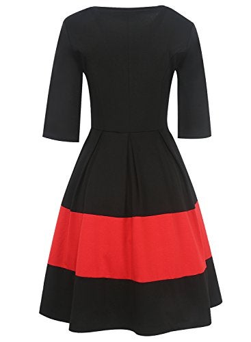 oxiuly Women's Vintage Half Sleeve O-Neck Contrast Casual Pockets Party Swing Dress OX253 (Black, XL) - Image 3