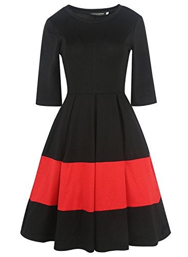 oxiuly Women's Vintage Half Sleeve O-Neck Contrast Casual Pockets Party Swing Dress OX253 (Black, XL) - Image 2