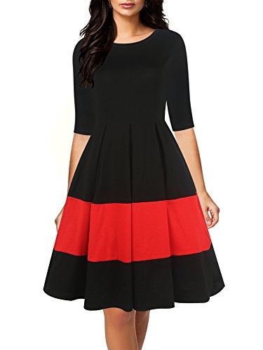 oxiuly Women's Vintage Half Sleeve O-Neck Contrast Casual Pockets Party Swing Dress OX253 (Black, XL) - Image 1