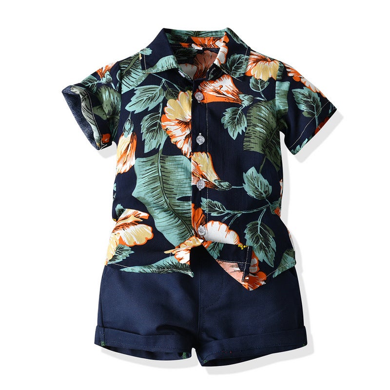 Summer hot batch cross-border children's clothing children's flower short-sleeved shirt European and American boys Hawaiian vacation shorts two-piece set - Image 4