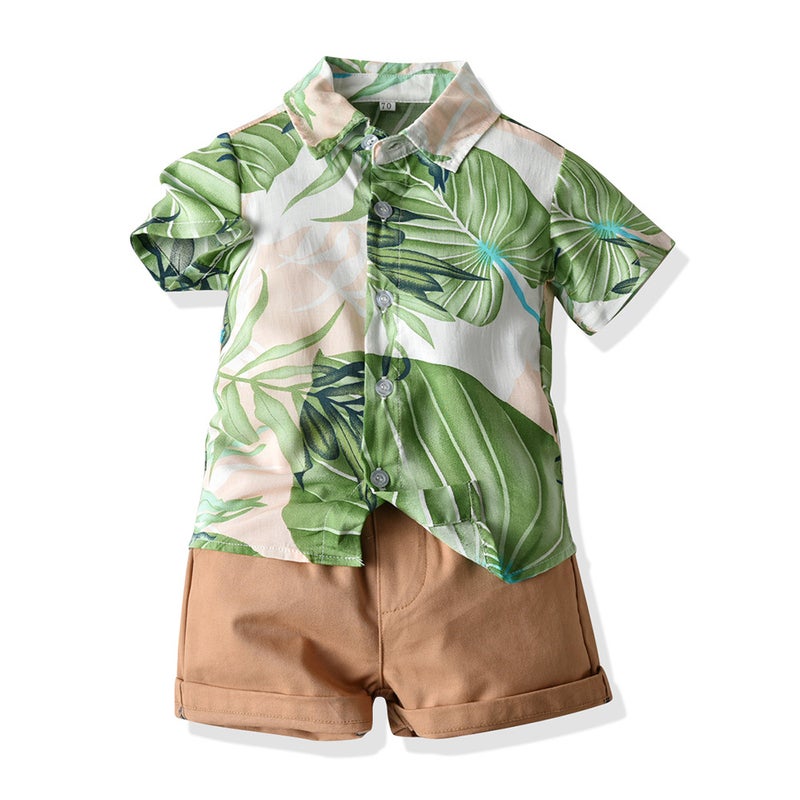 Summer hot batch cross-border children's clothing children's flower short-sleeved shirt European and American boys Hawaiian vacation shorts two-piece set - Image 1
