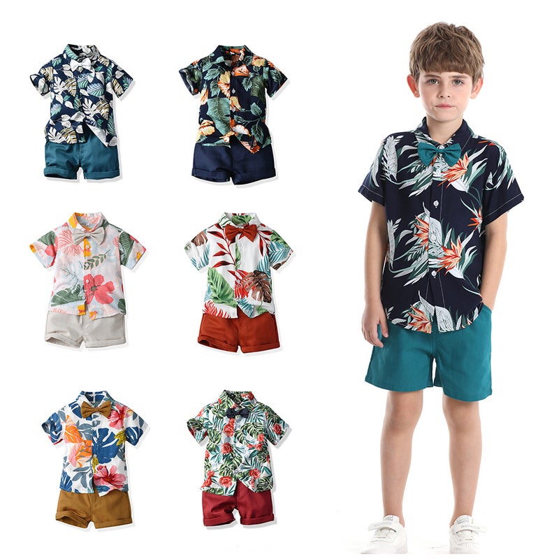 Summer hot batch cross-border children's clothing children's flower short-sleeved shirt European and American boys Hawaiian vacation shorts two-piece set - Image 2