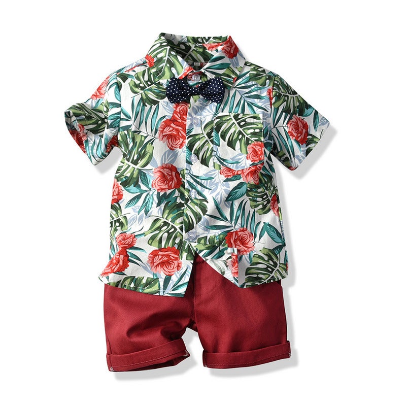 Summer hot batch cross-border children's clothing children's flower short-sleeved shirt European and American boys Hawaiian vacation shorts two-piece set - Image 5