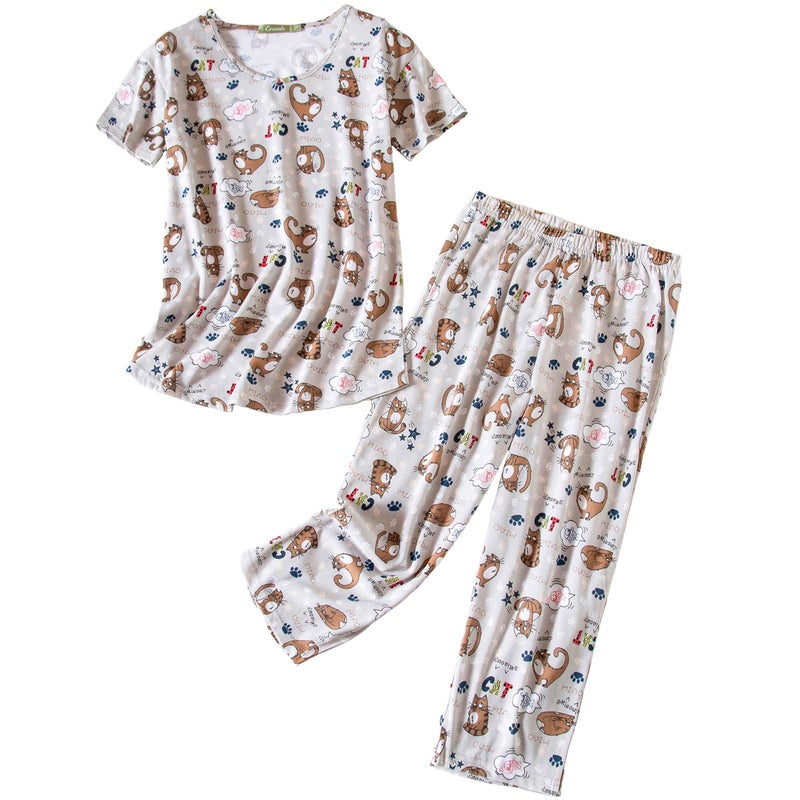 PNAEONG Womens Pajama Set Sleepwear Tops with Capri Pants Casual and Fun Prints Pajama Sets SY215Coffee Cats3XL