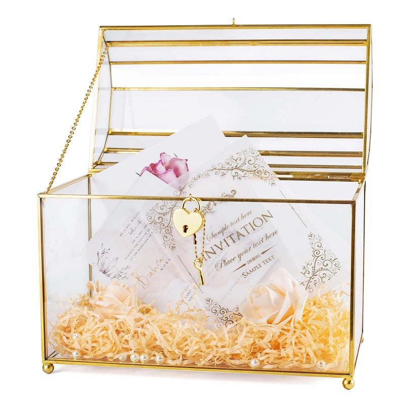 Jajamy Gold Glass Card Box With Slot and Heart Lock  Large Clear Display for Wedding Reception Bridal Shower  Handmade Brass Centerpiece
