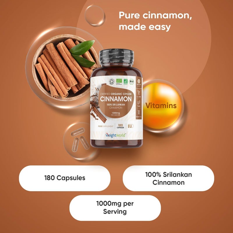 WeightWorld Organic Cinnamon Capsules 1000mg 180 Vegan Capsules 3 Months Supply Ceylon Cinnamon Powder Soil Association Certified Supplement GMO Gluten Free - Image 2