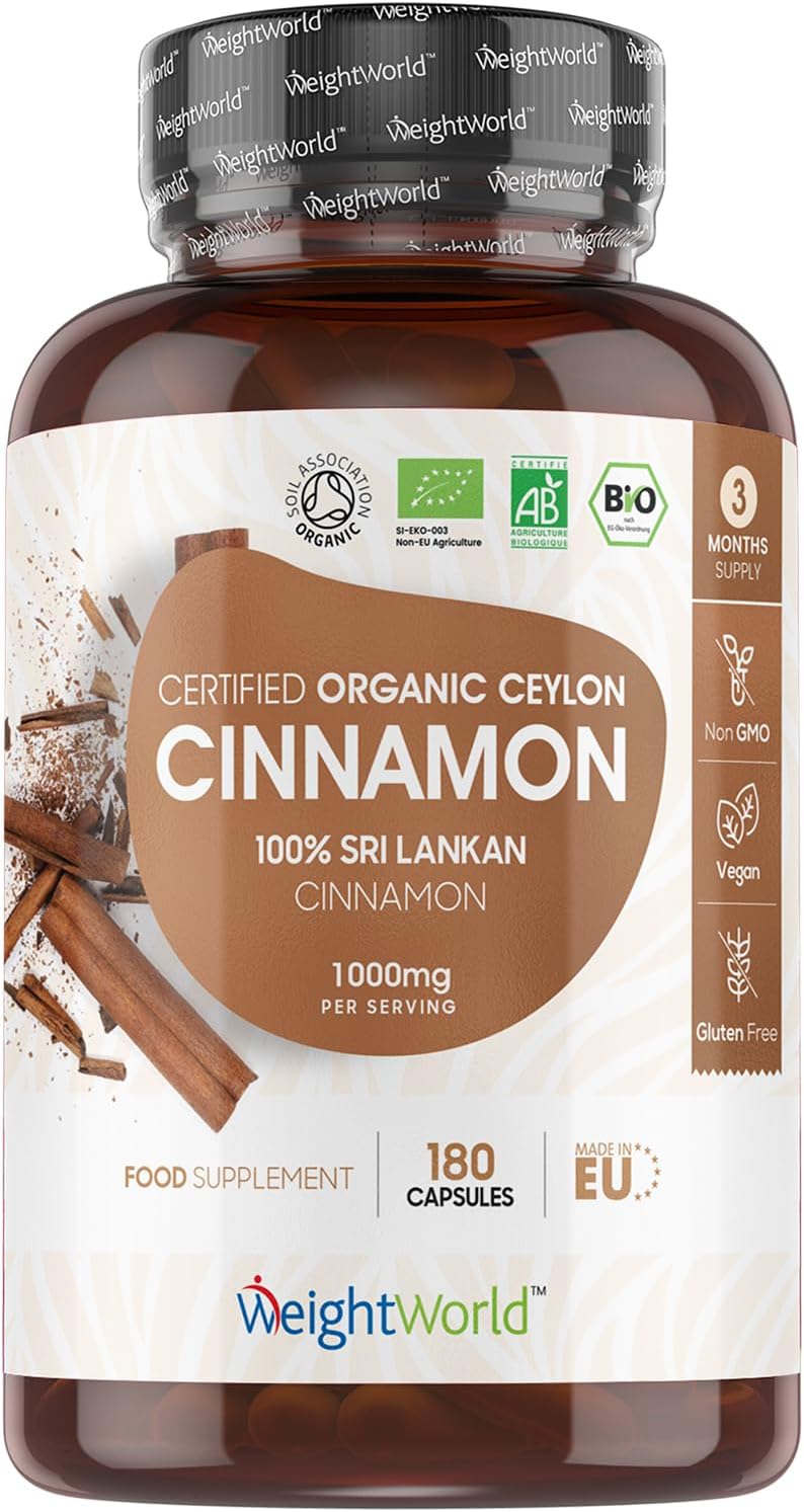 WeightWorld Organic Cinnamon Capsules 1000mg 180 Vegan Capsules 3 Months Supply Ceylon Cinnamon Powder Soil Association Certified Supplement GMO Gluten Free - Image 1