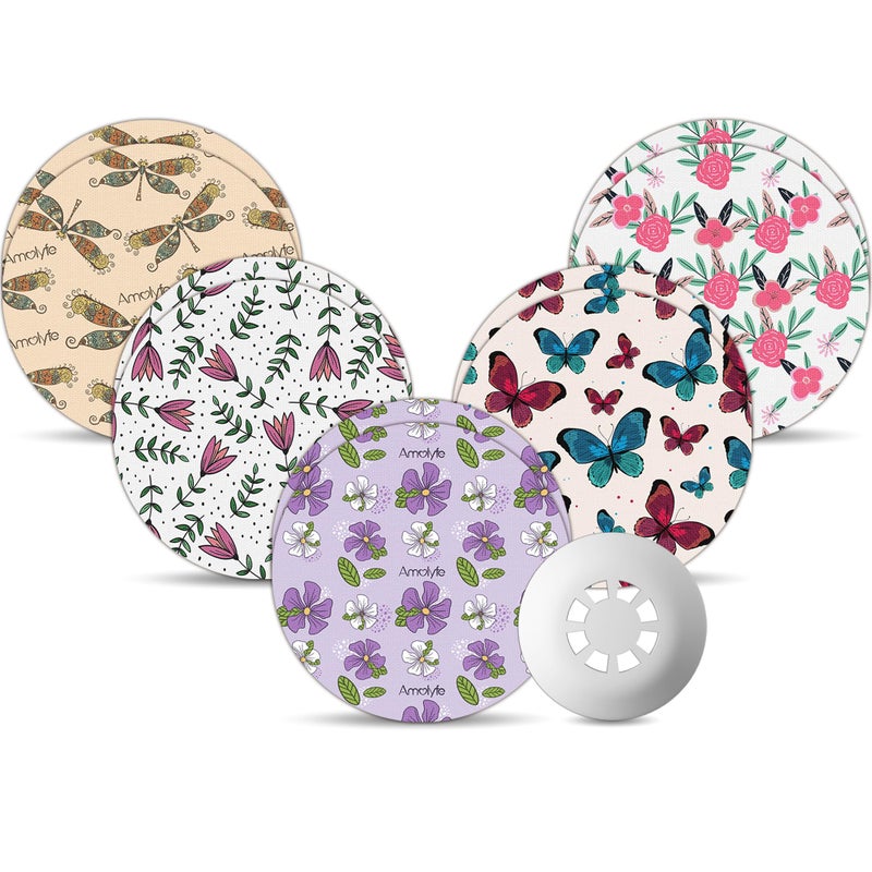 Amolyfe Libre 3 Sensor Covers Waterproof Flowers, Amolyfe 10 Pack Freestyle Libre 3 Plus Covers, Bump-Proof with Hard Cap, Breathable CGM Glucose Sensor Latex Free Patches, 14-Day CGM Protection (Flower) - Image 1