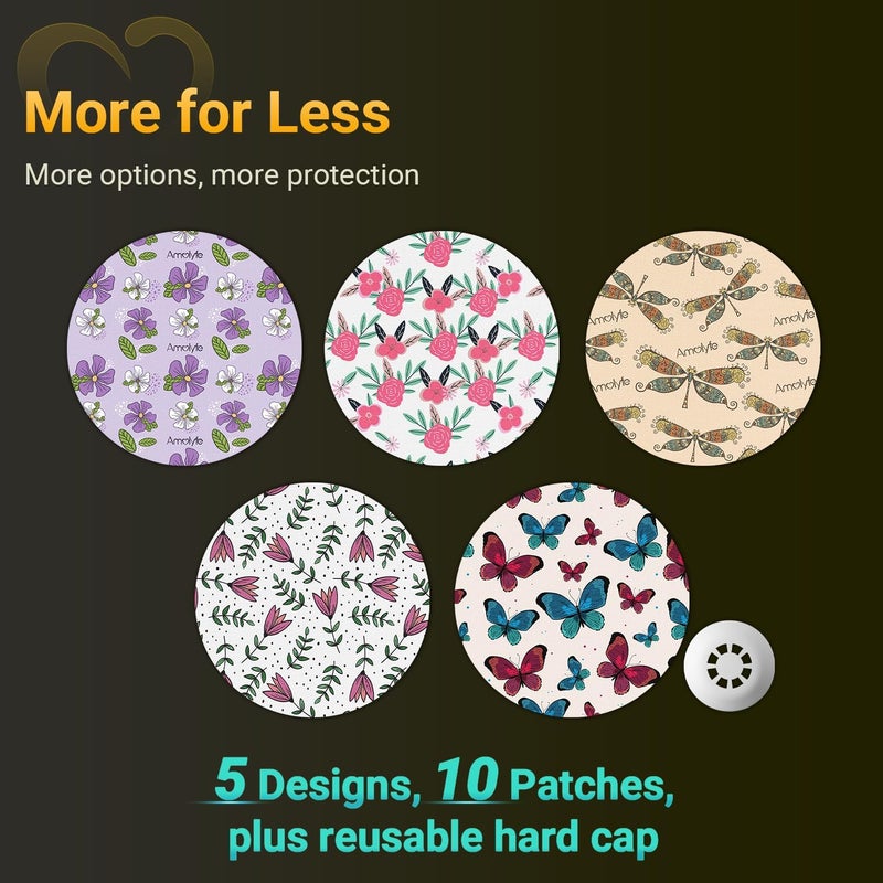 Amolyfe Libre 3 Sensor Covers Waterproof Flowers, Amolyfe 10 Pack Freestyle Libre 3 Plus Covers, Bump-Proof with Hard Cap, Breathable CGM Glucose Sensor Latex Free Patches, 14-Day CGM Protection (Flower) - Image 2