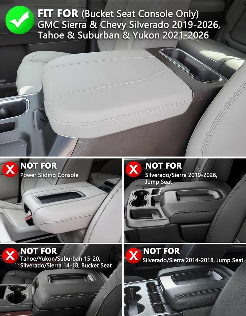 KBH Center Console Armrest Cover for Chevy Silverado & GMC Sierra 2019-2025, Tahoe & Suburban & Yukon 2021-2025, Bucket Seat Console, Leather Arm Rest Cover for Car, Gray - Image 2