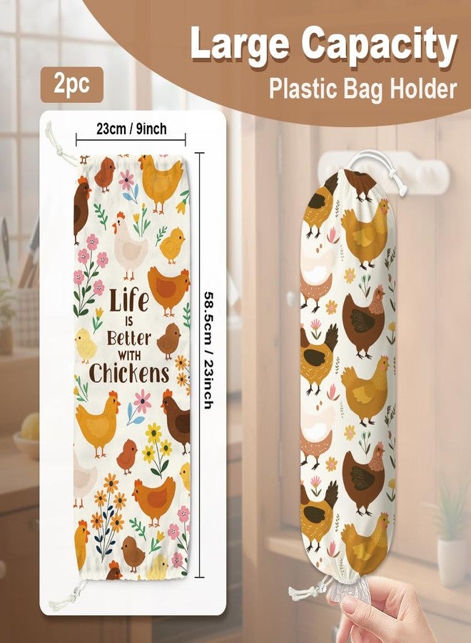 DOODLREAM 2 Pcs Chicken Plastic Bag Holder, Hanging Grocery Bag Organizer with Drawstring Bottom, 23" x 9" Large Storage Bags Dispenser Canvas Reusable Washable Space Saving - Image 2