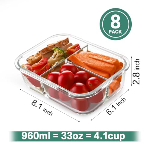 HOMBERKING 8 Pack Glass Meal Prep Containers 3 Compartment, 36oz Glass Food Storage Containers with Lids, Airtight Glass Lunch Bento Boxes, BPA-Free & Leak Proof (8 lids & 8 Containers) - Pink - Image 2