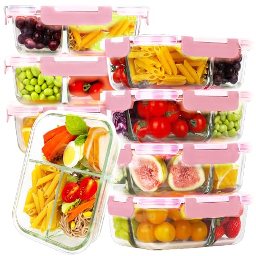 HOMBERKING 8 Pack Glass Meal Prep Containers 3 Compartment, 36oz Glass Food Storage Containers with Lids, Airtight Glass Lunch Bento Boxes, BPA-Free & Leak Proof (8 lids & 8 Containers) - Pink - Image 1