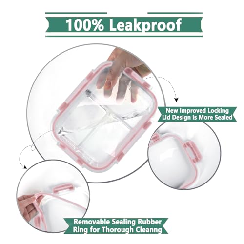 HOMBERKING 8 Pack Glass Meal Prep Containers 3 Compartment, 36oz Glass Food Storage Containers with Lids, Airtight Glass Lunch Bento Boxes, BPA-Free & Leak Proof (8 lids & 8 Containers) - Pink - Image 3