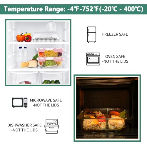 HOMBERKING 8 Pack Glass Meal Prep Containers 3 Compartment, 36oz Glass Food Storage Containers with Lids, Airtight Glass Lunch Bento Boxes, BPA-Free & Leak Proof (8 lids & 8 Containers) - Pink - Image 4