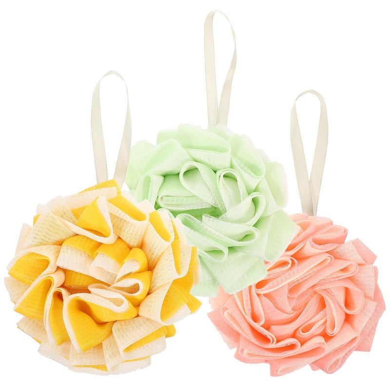 Large Exfoliating Bath Sponge Loofah Mesh Ball Set Of 3 Puffs For Body Cleansing Random Color - Image 2
