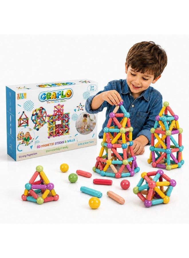 Magnetic Building Blocks, Magnetic Sticks and Balls Game Set, Construction Set with 60 Pieces, Early Education STEM Learning Montessori Preschool Toys, Magnet Construction Set for Kids 3+ Years