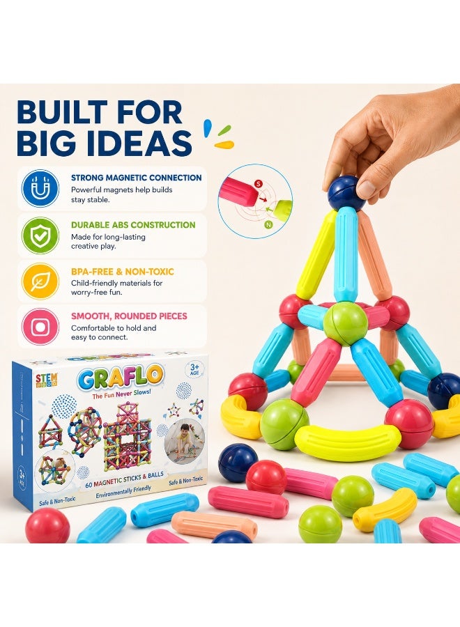 GRAFLO Magnetic Building Blocks - Magnetic Sticks and Balls Game Set 60Pcs - Construction Set, Educational, STEM Learning, Montessori Preschool Toys - Smart Magnet Construction Toy for Kids Ages 3-8 - Image 3