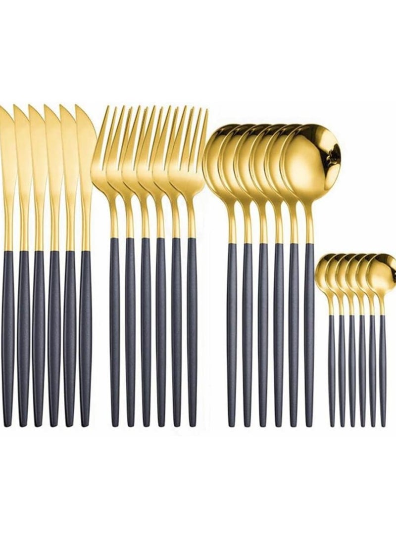 Silverware Set Stainless Steel Cutlery: 24 Piece Dinnerware Utensils Dinner Forks Spoons Steak Knife Service 6 (Black Gold) - Image 3