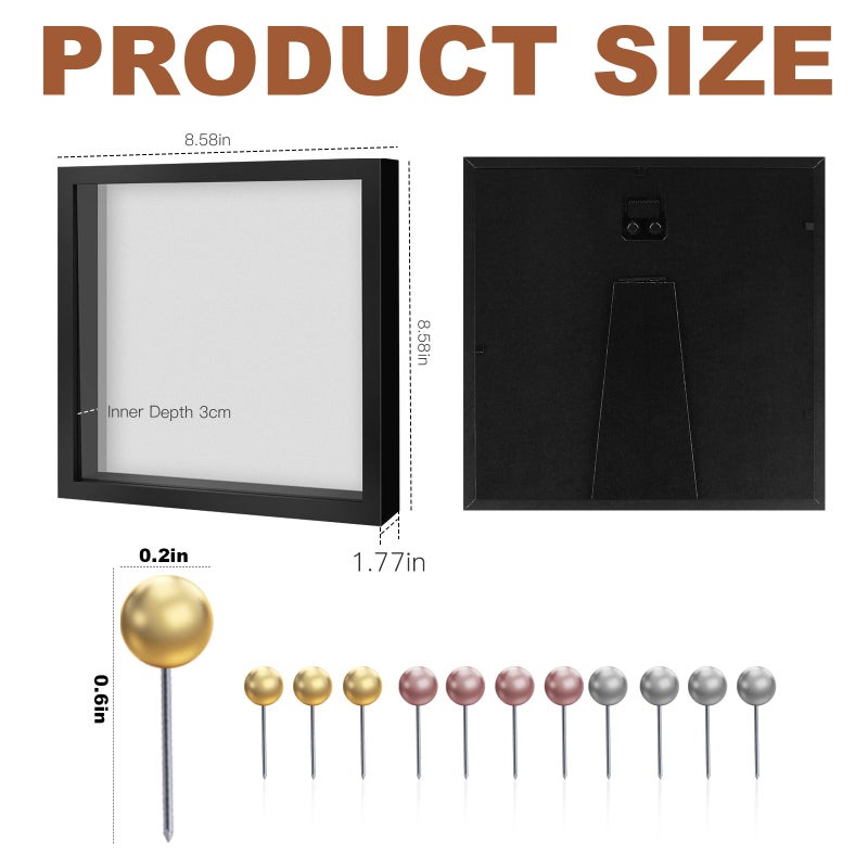 Ninsula 8x8 Shadow Box, Shadow Box Frame with Soft Linen Back - Push 12PCS Pins Included, 3D Picture Display Cases Box for Flowers, Tickets, Souvenirs, Photographs, Handicrafts (Black) - Image 2
