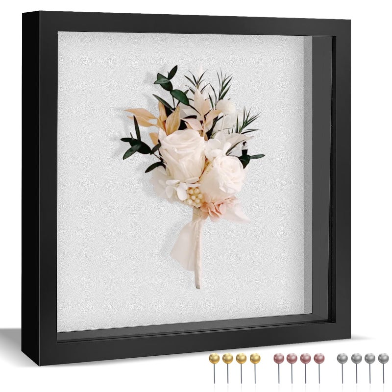 Ninsula 8x8 Shadow Box, Shadow Box Frame with Soft Linen Back - Push 12PCS Pins Included, 3D Picture Display Cases Box for Flowers, Tickets, Souvenirs, Photographs, Handicrafts (Black) - Image 1