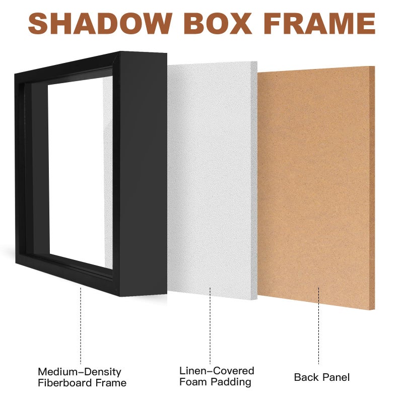 Ninsula 8x8 Shadow Box, Shadow Box Frame with Soft Linen Back - Push 12PCS Pins Included, 3D Picture Display Cases Box for Flowers, Tickets, Souvenirs, Photographs, Handicrafts (Black) - Image 3