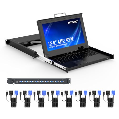 MT-VIKI Rack Mount KVM, 8 Port KVM VGA Switch w/15.6'' LCD Monitor, 1080P, Mount into 23.6-31.5'' deep Server Cabinet, Integrated Touchpad+Keyboard+8 KVM Cables - Image 1