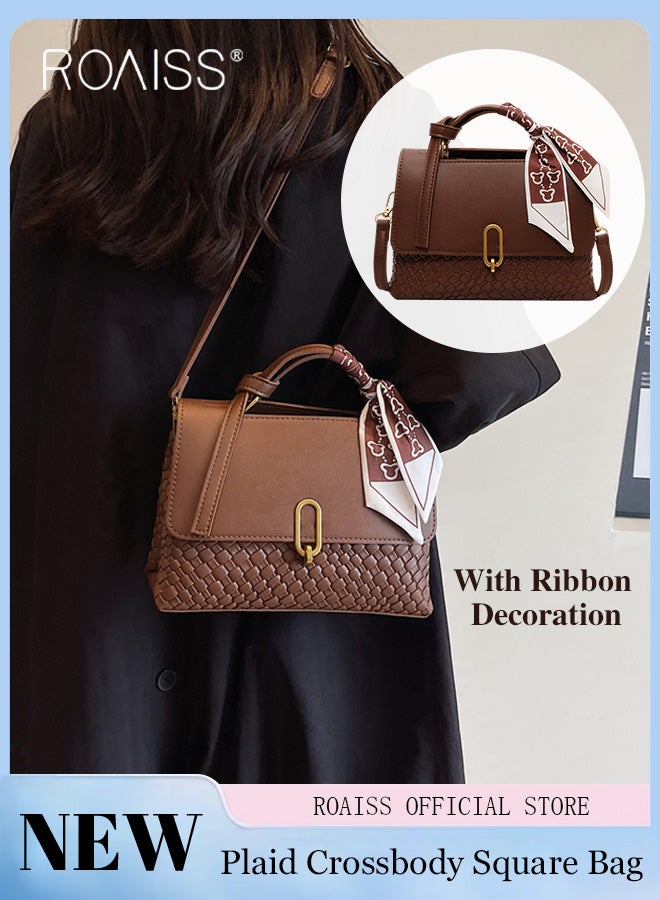 roaiss Women Crossbody Bag Color Block Patchwork Design Horizontal Square Shape Classic and Timeless Stylish Silk Scarf Decoration Can be Worn as a Shoulder or Crossbody Bag Women Tote Handbag  - Image 1